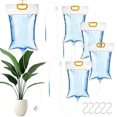 Produktbild von 5er Set 3,5L automatische Bewässerungsbeutel für Pflanzen,Innenraum,mit 5 Haken,verstellbarem Durchflussventil,ideal für Urlaub oder Balkonbewässerung