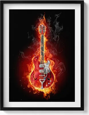 Produktbild von Flammende rote E-Gitarre– Wandbild mit Rahmen – Gerahmtes Bild  – Wanddekoration – 60x80 cm –  Schwarz Rahmen