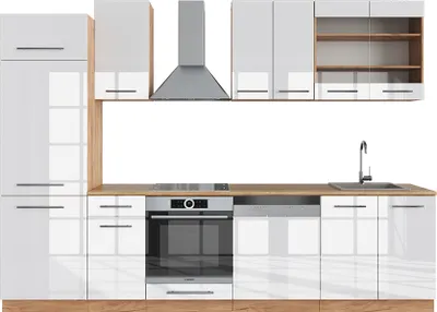 Produktbild von Küchenzeile Vicco Fame-Line Weiß Hochglanz/Goldkraft Eiche 300 cm ohne Arbeitsplatte, Model 38657