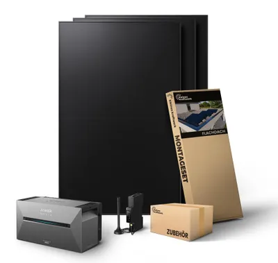 Produktbild von Kleines Kraftwerk 1440W Balkonkraftwerk Flachdach Halterung (bifazial) inkl. Anker Solarbank 3 Pro – 0% MwSt – Solaranlage mit Speicher