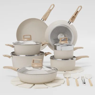 Zdjęcie produktu dla Batterie de cuisine 21 piššces antiadhšŠsive cšŠramique pour induction šC Pošºles, casseroles, marmite + panier vapeur, ustensiles inclus