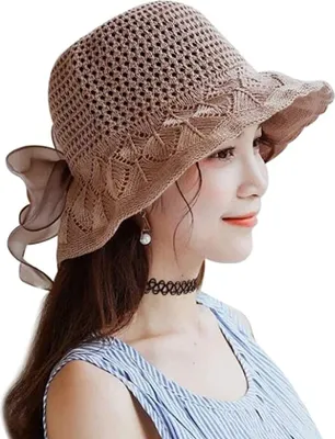 Produktbild von Fischerhut Damen Sommer Sonnenhut UV Schutz Damenhut Faltbarer Breite Krempe Sommerhut Bowknot Atmungsaktiv Strandhut Baumwolle Strickhut Strohhut Faltklappe Weich Mütze mit Kinnriemen