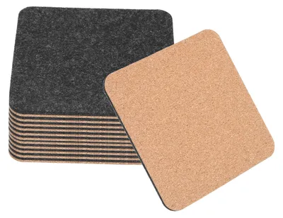 12 Kork-Filz-Untersetzer, quadratisch, schwarz, 10x10 cm
