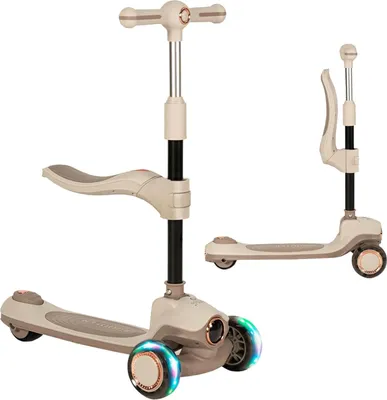 Immagine prodotto di Olmitos Monopattino per bambini 2 in 1 con seduta, ruote LED, freno posteriore, manubrio ergonomico – Beige