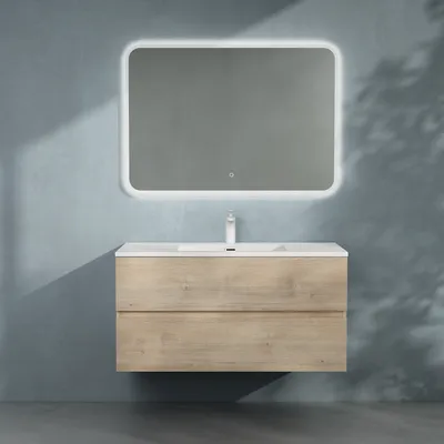 Produktbild von doporro Badmöbel-set Waschbecken-Unterschrank Badezimmer Wandmontage-Unterschrank BTH: 100x48x50 cm in Eiche Greige inkl. Mineralguss-Waschbecken und LED-Spiegel Aqualis