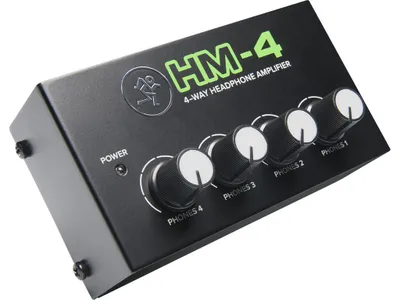 A Mackie HM-4 4-way headphone amplifier is shown from a slightly elevated angle against a white background.