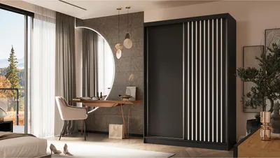 Produktbild von Kleiderschrank mit Lamellen LINEA 160 cm Schwarzer Schiebekleiderschrank mit weißen Lamellen an der Front Glatter zweitüriger Kleiderschrank mit Lamellen Kleiderschrank für Kleidung mit Lamellen