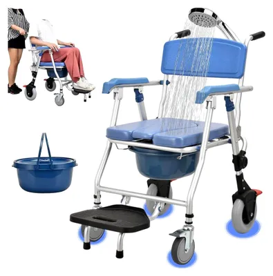 Produktbild von Duschstuhl mit Rollen, klappbar, 150 kg | Toilettenstuhl für Senioren, faltbar mit Rollen, Armlehne und Rückenlehne | Mobiler WC-Rollstuhl für Menschen mit Behinderung und Patienten (inkl. Toiletteneimer)