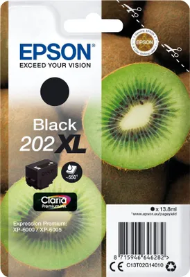 Produktbild von Epson Kiwi Singlepack Black 202XL Claria Premium Ink, Hohe (XL-) Ausbeute, Schwarz, Tinte auf Pigmentbasis, 13,8 ml, 1 Stück(e), 550 Seiten