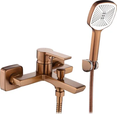 A copper-colored bathtub faucet with a handheld showerhead, presented against a white background.