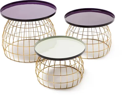 Produktbild von Qiyano Beistelltisch 3er Tisch-Set Trio Metall Eisen Gitter-Korb Gold modern verspielt vielseitig Wohnzimmer Esszimmer Lounge Vorraum  Höhen: 26 cm / 32 cm / 42 cm Farbe: Lila / Pflaume / Hellgrau