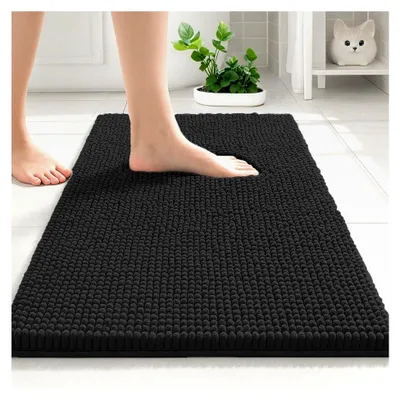 Produktbild von Badezimmerteppich 50x80 cm Chenille, Schwarz, rutschfeste und saugfähige Badematte, waschbar