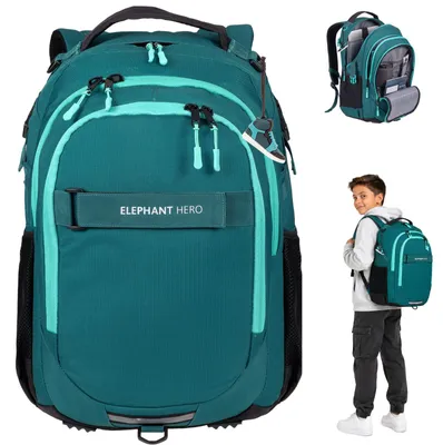 Produktbild von Schulrucksack Jungen Mädchen Rucksack Elephant Hero Signature Laptop Fach Schule Schultasche 3 Fächer Schulmappe Polsterrücken 13205 Solid Petrol Grün