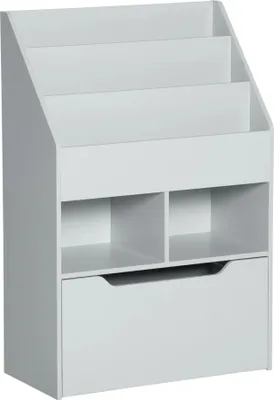Image de Bibliothèque pour enfants - Étagère de rangement - 3 compartiments - 2 boîtes de rangement - Tiroir - Roulettes - Gris clair