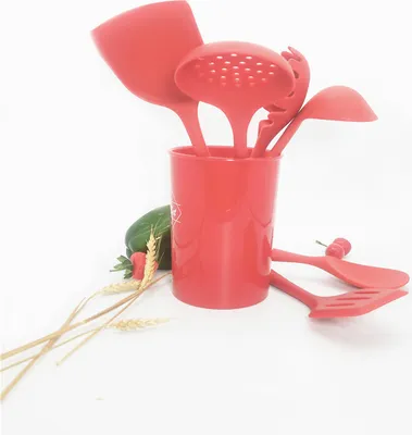 Image de set complet de 6 ustensiles de cuisine en silicone pour la cuisson et la cuisine avec seau de rangement, set d'ustensiles de cuisine, gril, aides de cuisine - Rouge