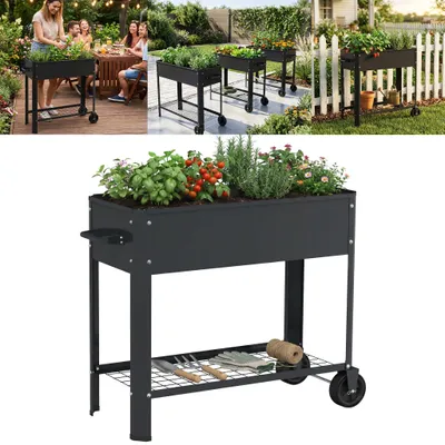 Produktbild von TRMLBE Hochbeet Pflanzkasten Schwarz, verzinktes Stahlblech mit Stauraum & Rollen Garten Terrasse Balkon 80×35×80cm, mit Rollen