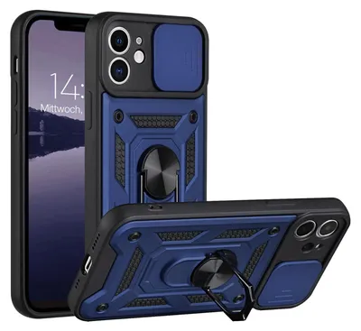 A blue and black iPhone case with a camera cover and a ring stand, shown from multiple angles.
