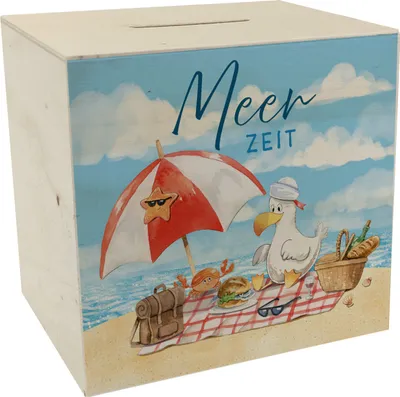Produktbild von Möwe am Strand Spardose aus Holz mit Spruch Meerzeit