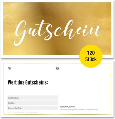 Produktbild von Frank Paperman | 120x Geschenk Gutschein blanko für Kunden mit funkelnder Goldprägung | Gutscheine zum selber Ausfüllen | Vordruck DIN lang