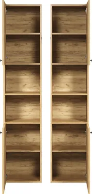 Two tall, open cabinets with wooden shelves are shown side-by-side against a white background.