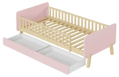 Produktbild von Kinderbett - Einzelbett 90x190 cm - 2 Schubladen - Rausfallschutz - Lattenrost aus Holz - Bis 150 kg - Ohne Matratze - Rosa