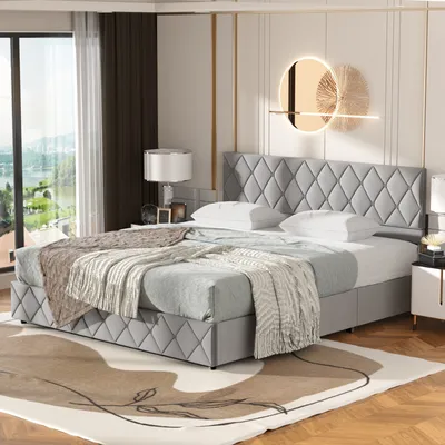 Obrázek produktu pro MODFU Čalouněná postel Boxspring hydraulická 180 × 200 cm s čelem (knoflíková dekorace), funkční polstrovaná postel s lamelovým roštem z dřeva a kovu, Manželská postel s úložným prostorem, samet světle šedý (bez matrace)