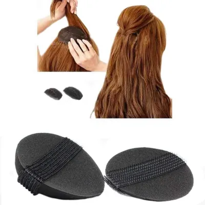 Collage showing hair styling accessories and a woman's hair being styled.