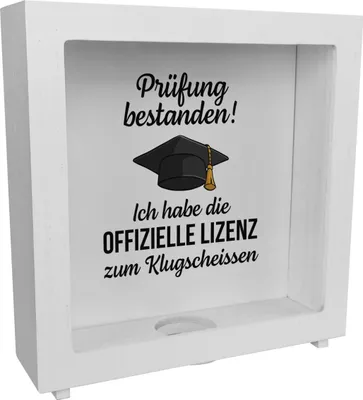 Produktbild von Prüfung bestanden Doktorhut Rahmen Spardose aus Holz mit Spruch Lizenz zum