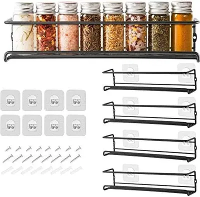 Produktbild von Gewürzregal Wand aus Metall 4er Gewürzregal Schranktür Gewürzregal Ohne Bohren Küchenregal Hängend Selbstklebend für Küchenablage