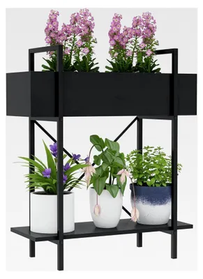 Produktbild von Zweistufiger Pflanzenständer, Blumenregal für Innen und Außen, Metallregal, mehrstöckiges Blumenregal, 70 cm hohe Blumentreppe für Wohnzimmer, Garten und Balkon, Schwarz