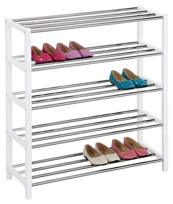 Produktbild von Schuhregal DUBLIN mit 5 Ablagen in weiß. Schuhaufbewahrung mit verchromten Ablagen. Modernes Design langlebig robust praktische Schuhablage