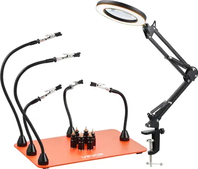 Produktbild von VEVOR Löthilfe Dritte Hand, Magnetische Lötstation, 2-in-1-Lötwerkzeug mit 3-facher LED-Vergrößerungslampe & 5 flexiblen Arme, 6 Leiterplattenhaltern, Basisstation für elektronische Reparaturen