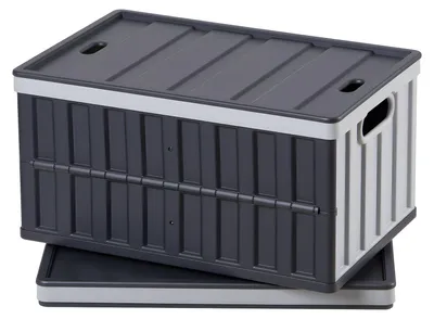Produktbild von SucceBuy Klappbox 65 L im 2er-Set, Faltbare Kunststoff-Aufbewahrungsboxen mit Deckel, Stapelbare Klappkörbe, Belastbarkeit 38 kg pro Box, Praktische Klappkiste für die Haushaltsorganisation, Grau & Schwarz