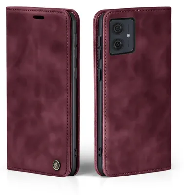 A burgundy flip case for a smartphone is shown from two angles.