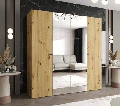 Obrázek produktu pro Zrcadlová šatní skříň CAITIR 2 200 cm - dub artisan / černé úchyty