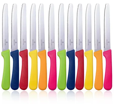 Immagine prodotto di Set di 12 coltelli per bistecca, con lama seghettata, in acciaio inossidabile colorato, resistenti alla ruggine e adatti al lavaggio in lavastoviglie