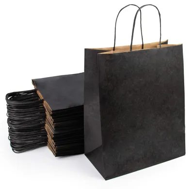 Produktbild von 50 Schwarze Kraft-Papiertüten mit Griff - 26 x 14 + 32 cm
