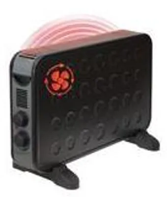 A black electric heater with red accents and glowing red heat waves emanating from the top.