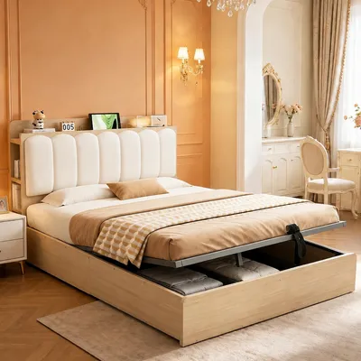 Produktbild von Flieks Jugendbett 140x200cm mit Ablagen, Holzbett Doppelbett mit Nachtlicht und Usb, Hydraulisches Stauraumbett mit Kopfteil, Samt, Naturbelassen