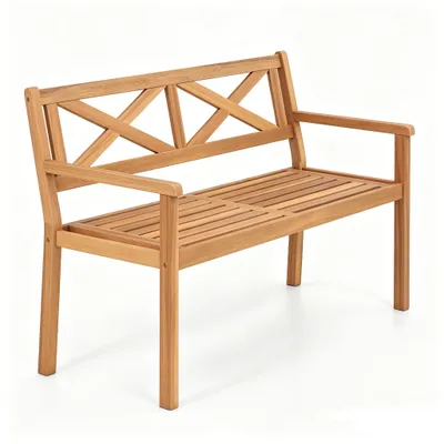 Produktbild von KOMFOTTEU Gartenbank, 112 cm Holzbank für 2 Sitzer mit Rückenlehne & Armlehnen, Sitzbank aus Akazienholz bis 360 kg belastbar, Bank mit Lattenrost, Balkonbank für Garten, Balkon & Terrasse, Natur