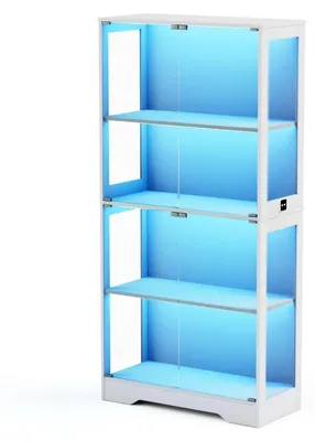 Produktbild von Glasvitrine - 4-stöckiger Schaukasten - Staubdichtes Glas, LED-Beleuchtung, Stauraum, Holzrahmen, Smart-Sensor - Weiß