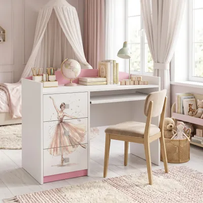 Produktbild von Rosa Kinderschreibtisch mit Schublade und Schrankfach, Schülerschreibtisch Hausaufgabentisch für Mädchen, Computertisch mit Motiv, KI-generiertes Bild