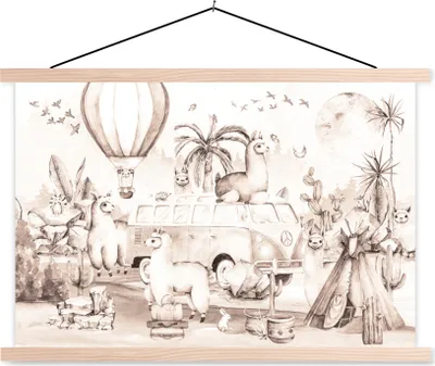 Produktbild von MuchoWow® Textilposter Kinder - Alpaka - Heißluftballon - Junge - Mädchen 120x80 cm mit holzfarbenen Rahmen - Aufhängeset
