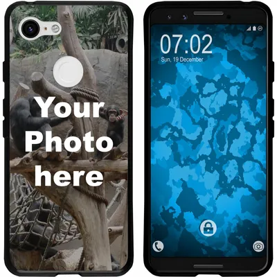 A collage showing a phone case with a customizable photo area and a smartphone screen with a blue camouflage wallpaper.
