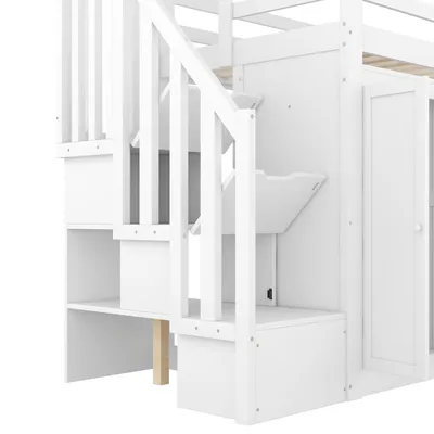 Produktbild von MODFU Hochbett Kinderbett 90x200cm mit Rausfallschutz, Etagenbett mit Kleiderschrank, Massivholzbett mit Schreibtisch, Jugendbett Bettgestell,Weiß