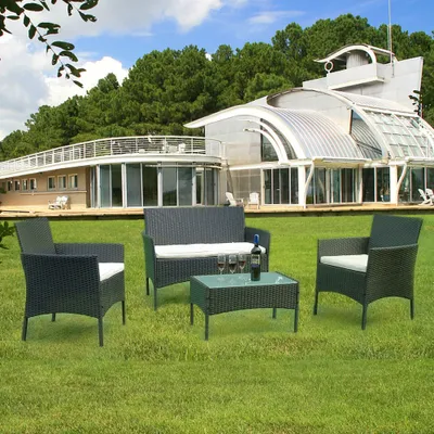 Produktbild von EINFEBEN gartenmoebel-sets Poly Rattan Sitzgruppe Lounge Set Langlebig Lounge Set fuer 4 Personen - Mit 2-er Sofa, Singlestuehle, Tisch und Sitzkissen - Schwarz