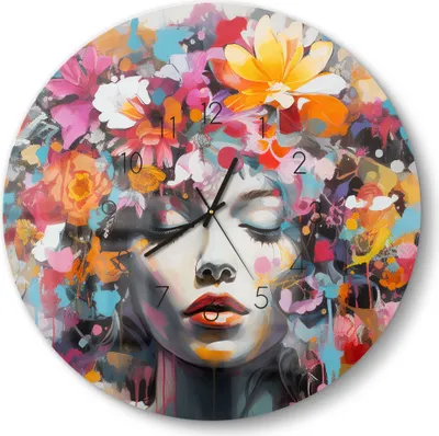 Produktbild von DEQOART Glasuhr Ø50 cm Zahlen 'Blühende Muse' Wanduhr Glas Uhr Design leise Küchenuhr