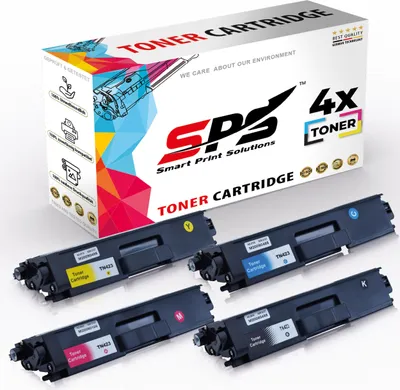 A box of toner cartridges with four toner cartridges displayed in front of it.