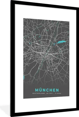 Produktbild von MuchoWow® Gerahmtes Poster Stadtplan - München - Deutschland - Karte 60x90 cm - Poster mit Schwarzem Bilderrahmen Wandposter Rahmen Foto Bilder - Dekoration - Wandposter Wohnzimmer - Hochwertig