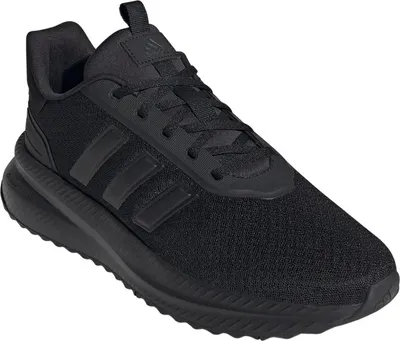 A black Adidas sports shoe is shown from a side angle against a white background.